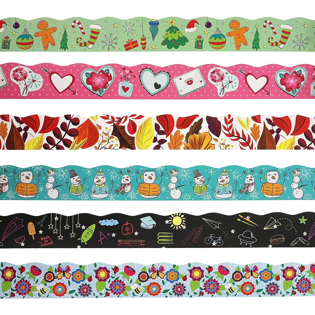 6 Pack Seasonal Classroom Bulletin Board Borders, 6 Designs (36 Inches)